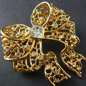 VINTAGE GOLD TONE LARGE BOW CLEAR RHINESTONES BROOCH SIGNED